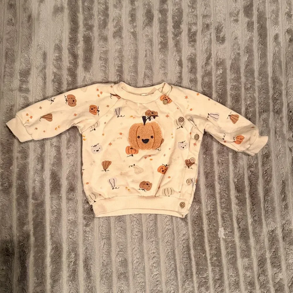 Rabbit + Bear Organic Pumpkin Sweatshirt Cream Sherpa Patch Pullover 6-9 Months